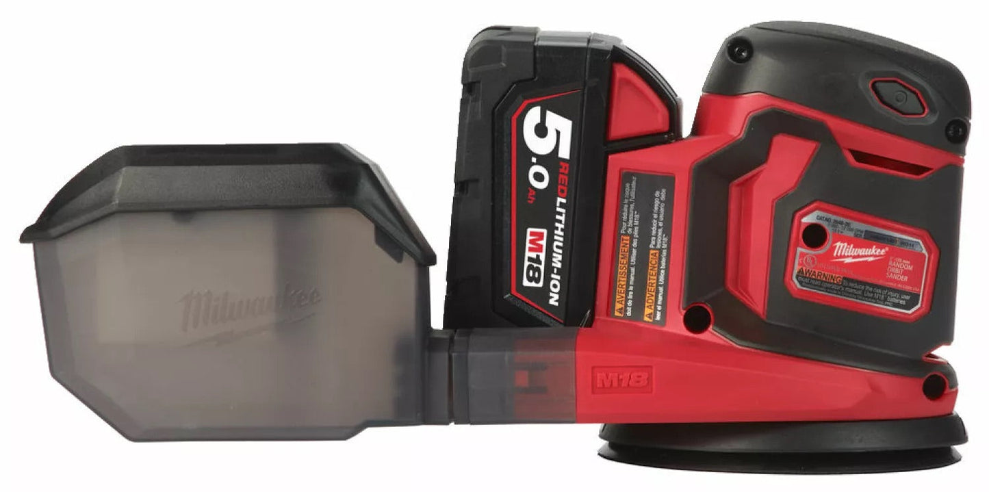 Milwaukee M18 BOS125-502B Set de ponceuse excentrique à batterie Li-Ion (2x batterie 5.0Ah) dans le sac - 125mm