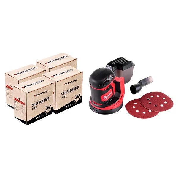 Milwaukee M18 BOS125-0 Ponceuse excentrique sans fil 125mm 18V Solo + Set de ponçage Toolbrothers TURTLE 125mm, 4 pcs. - sans batterie, sans chargeur